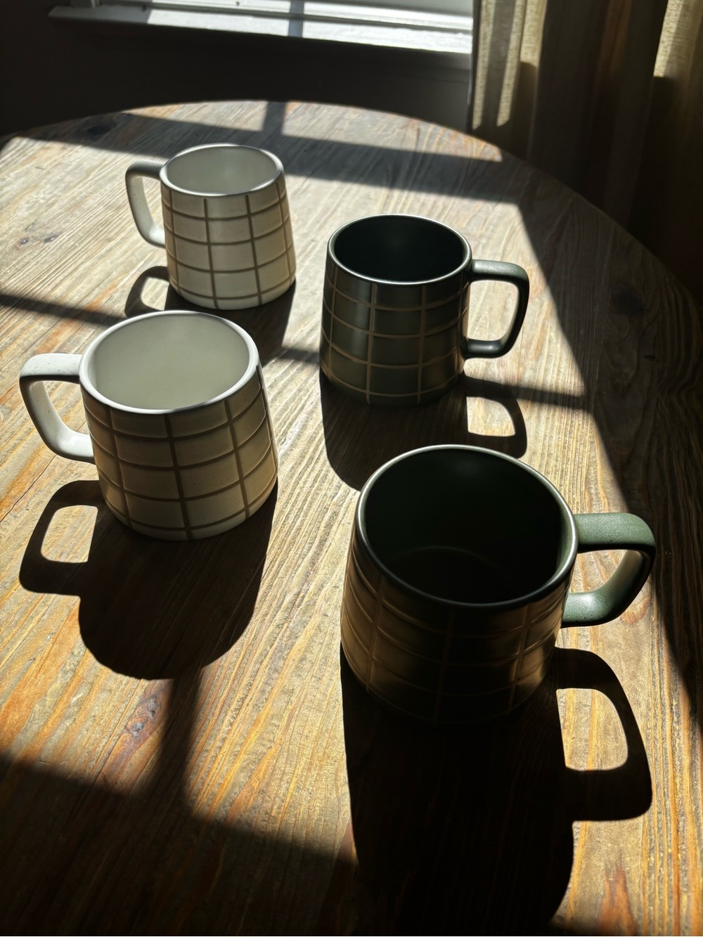 Hearth & Hand Grid Ceramic Mugs in Cream and Deep Green - Set of 4
